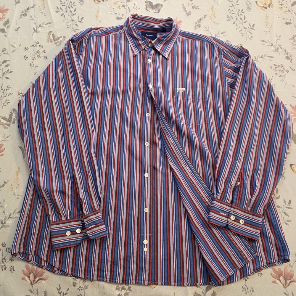 Faconnable Classique XXL Striped Button Down Shirt French Red White & Blue